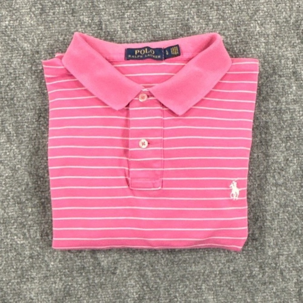 Polo Ralph Lauren Polo Shirt Mens L Pink White Stripe Pony Logo Preppy Cotton